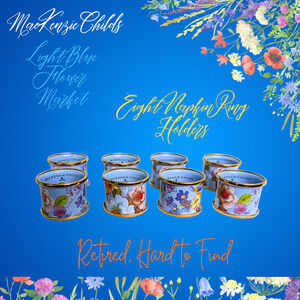 8 Mackenzie Childs Napkin Rings Enamel Light Blue Flower Market, Retired Vintage